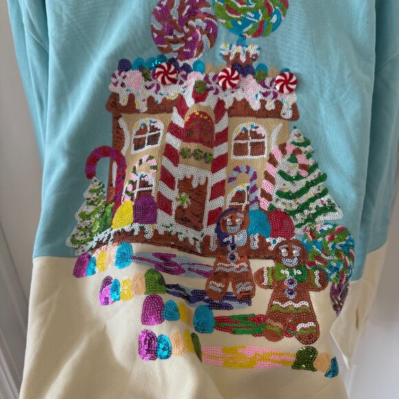 Queen of Sparkles Gingerbread House Sequin Sweatshirt Blue Cream Size M - Picture 4 of 6